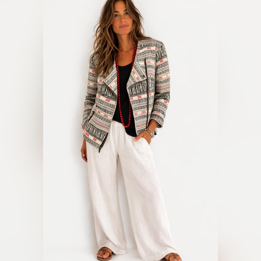 Stylish Foxcroft Asymmetrical Zip Jacket Geo Print Modern Boho Ethnic Large New